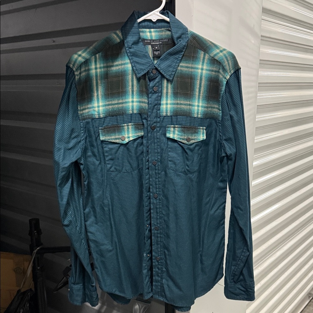 Marc By Marc Jacobs Teal and Plaid Casual Button Down Shirt